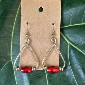 New! Handmade Gold Wire with Red Glass Bead Earrings